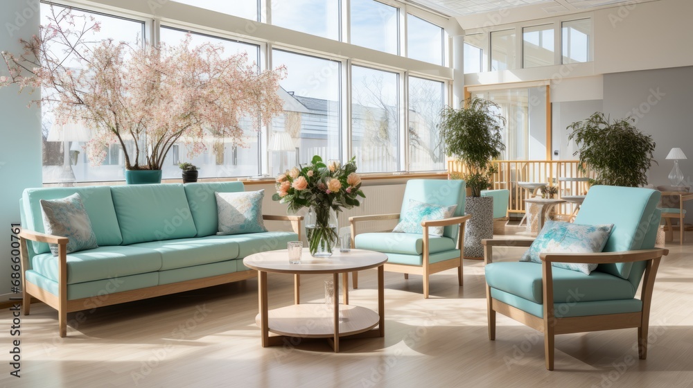 Relaxation room in a modern hospital with comfortable armchairs. A cozy, bright, comfortable premises in a modern clinic with indoor plants, where patients can relax or chat with visiting relatives.