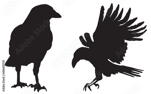 Ink pen vector set of silhouettes of crows isolated on white background. Elements for design,tattoo and printing	