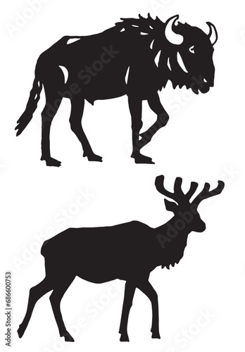 Graphical silhouette of deer and bull on white background vector illustration