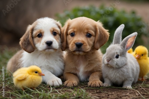 Little puppy with bunny and chick on the grass, Easter concept, AI generated