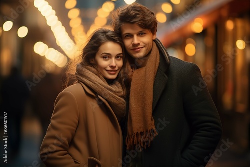 Two young couples at the Christmas market, Christmas atmosphere with lights in the background