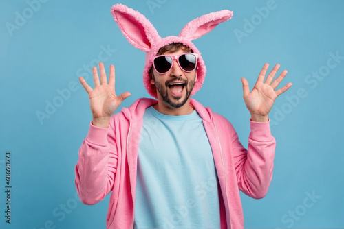Funky positive man dressed pink rabbit, AI generated photo