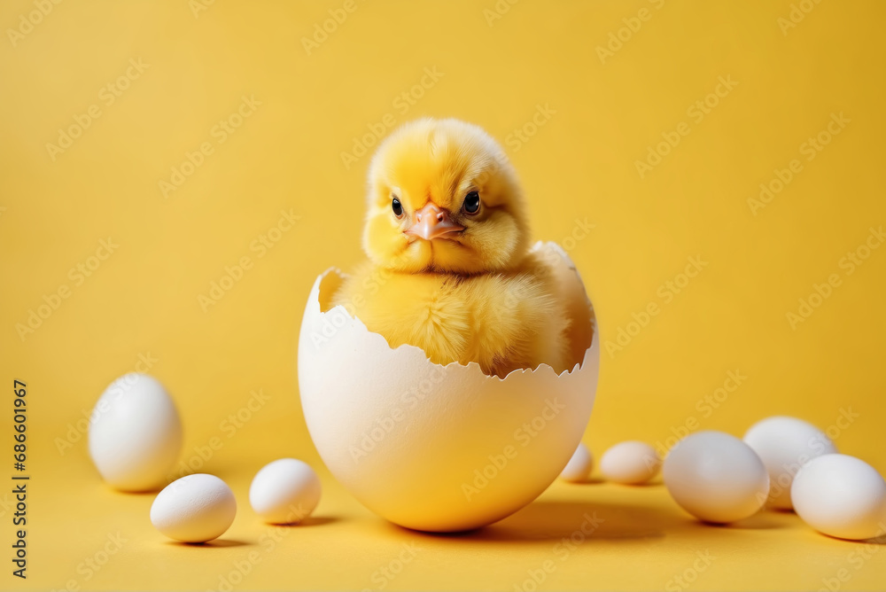Small yellow chicken in a egg shell, AI generated