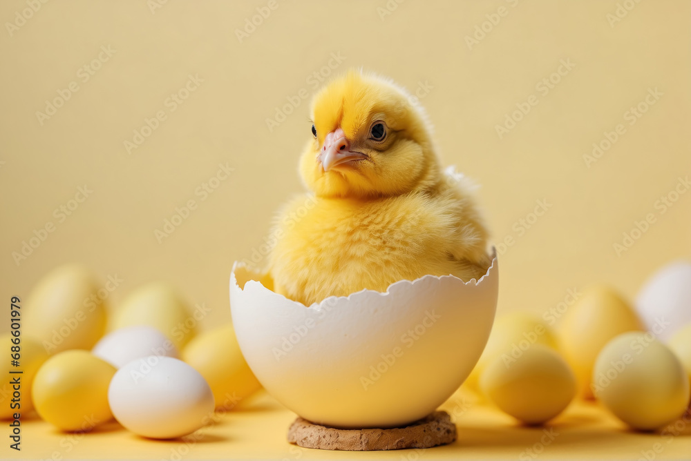 Small yellow chicken in a egg shell, AI generated Small yellow chicken in a egg shell, AI generated