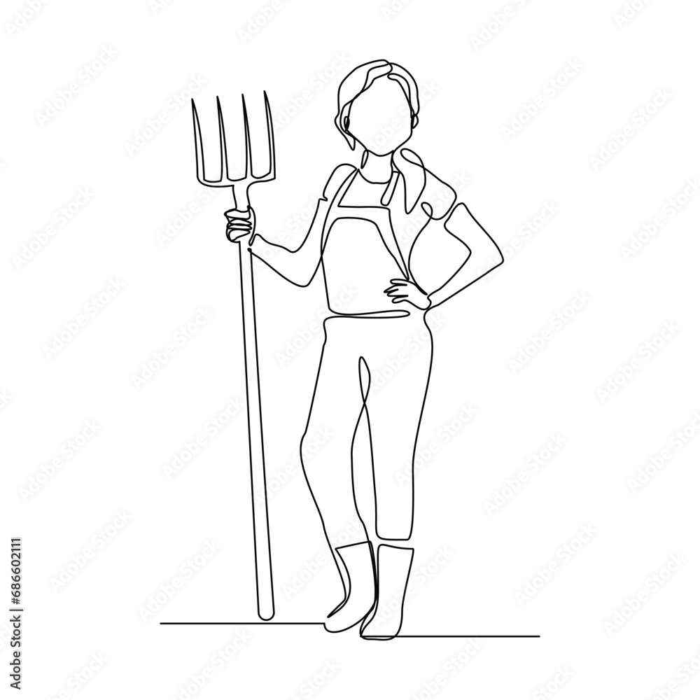 Continuous single line sketch drawing of farmer woman worker holding fork farming tool. One line art of occupation professional worker vector illustration Continuous single line sketch drawing of farmer woman worker holding fork farming tool. One line art of occupation professional worker vector illustration