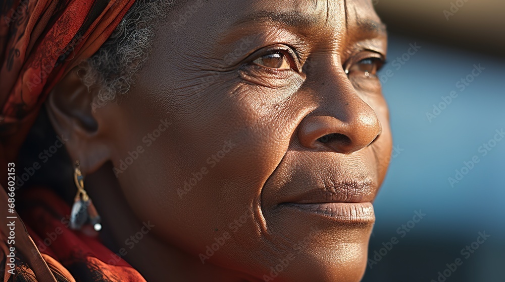 Close-up outdoor portrait of a thoughtful senior black woman, an emblem of middle-class black America, showcasing wisdom and resilience