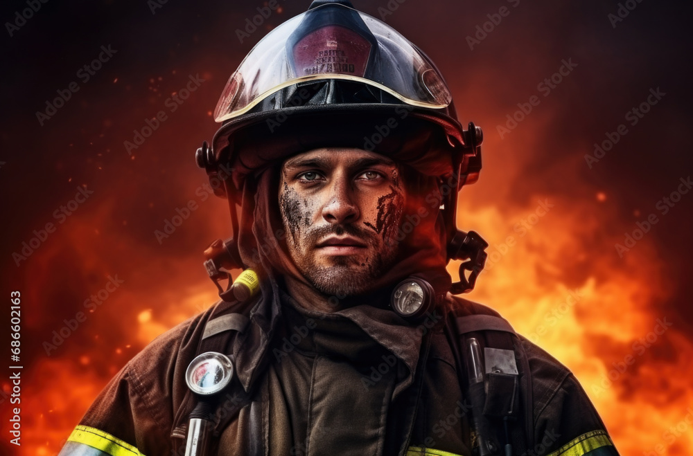 Firefighter in fire fighting operation. Portrait of heroic fireman in protective suit and red helmet Firefighter in fire fighting operation. Portrait of heroic fireman in protective suit and red helmet
