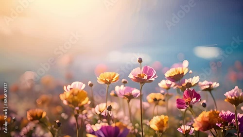 Flowers moving in the wind A beautiful, sun-drenched spring summer meadow. Various colorful flowers. Natural colorful landscape with many wild flowers against blue sky. A frame with soft selective foc photo
