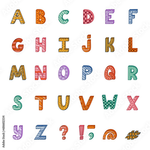 Cute funky 3d alphabet set with contrast outline and memphis decoration. Patterned bold font with shadow. Funny latin ABC with uppercase letters, punctuation marks for cover, logo, festival headline.
