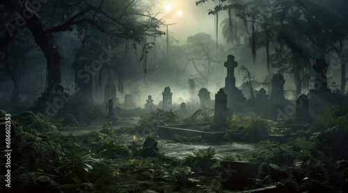 Graveyard cemetery In Spooky dark Night full moon. Holiday event halloween background concept. © Ruslan Gilmanshin