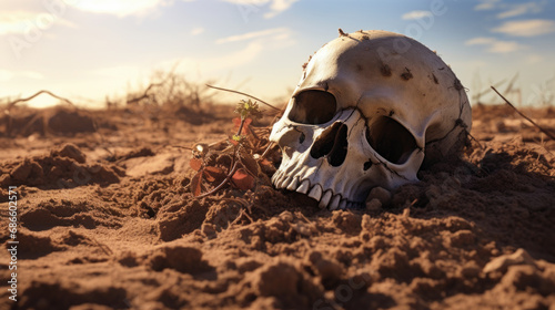 Human skull on Land with dry and cracked ground. Desert. Global warming background.