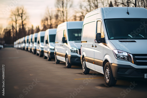 Vehicle dealership lot with white vans in a row, representing a transportation service company's commercial fleet, emphasizing delivery, trade-in, and customer service concept,