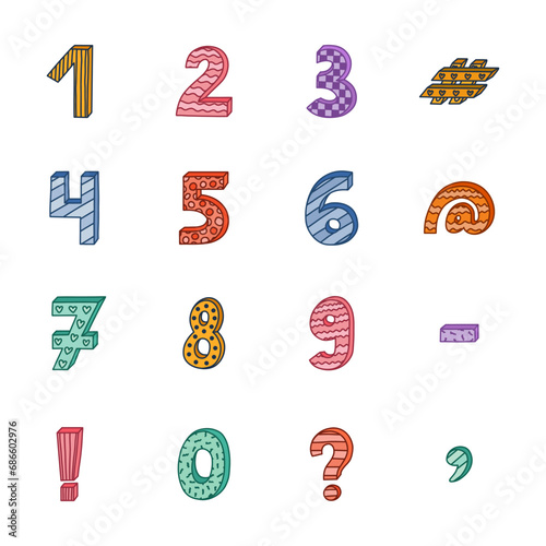 Cute funky 3d number set with memphis decoration and contrast outline. Chunky bold symbols with shadow. Funny numbers and punctuation marks for book cover, logotype, poster, banner, greeting card.