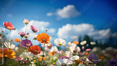 Flowers moving in the wind A beautiful, sun-drenched spring summer meadow. Various colorful flowers. Natural colorful landscape with many wild flowers against blue sky. A frame with soft selective foc photo