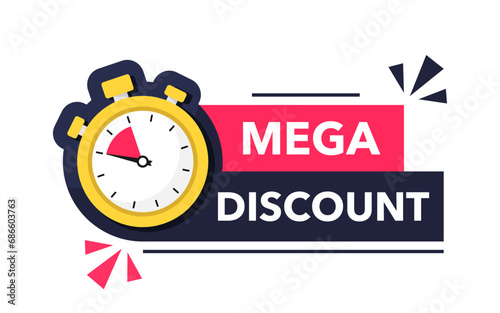 Banner announcing mega discount with price reduction. Mega discount label with limited time offer. Marketing deal sale tag giving super offer. Promo banner for retail or online shop discount. Vector