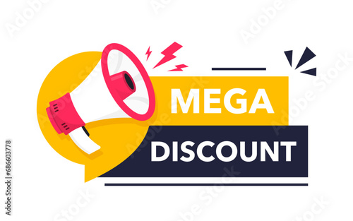 Banner announcing mega discount with price reduction. Mega discount label with limited time offer. Marketing deal sale tag giving super offer. Promo banner for retail or online shop discount. Vector