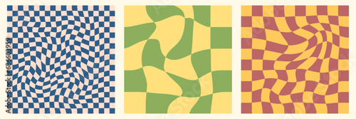 Set of groovy wavy psychedelic checkerboard in pale retro colors,  Groovy hippie chessboard template. Design from the 60s 70s.