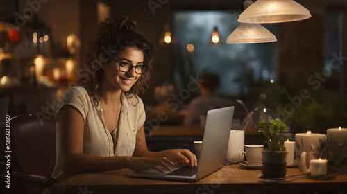 The young professional girl smiles sincerely while working from her home office, using her laptop,  in the living room. person working on a laptop at home photo