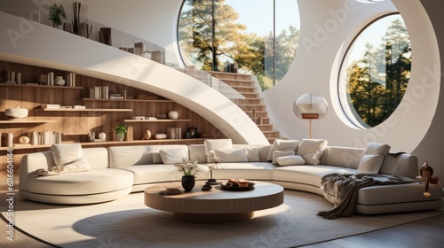 Interior of stylish living room in luxury villa with futuristic design. Comfortable sofa with cushions, round wooden coffee table, stairs to mezzanine, panoramic windows overlooking scenic landscape. © Georgii