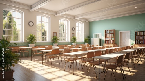 Interior of clean bright classroom in modern school or college. Spacious room with light blue walls  many desks  chairs  visual aids  bookshelves  indoor plants  large windows. Empty classroom.