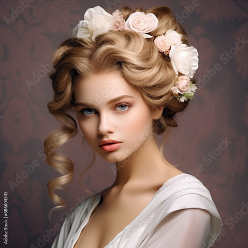 Woman with an elegant hairstyle for a wedding.