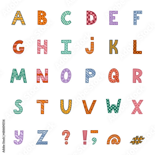 Cute funky alphabet set with memphis decoration and outline. Patterned bold font with comma, dash, hashtag. Funny latin ABC with uppercase letter, punctuation marks for cover, logo, festival headline