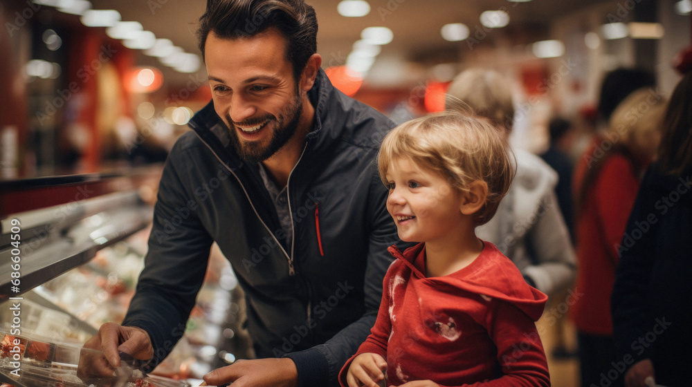 Happy father and son shopping in supermarket. Family having fun together.