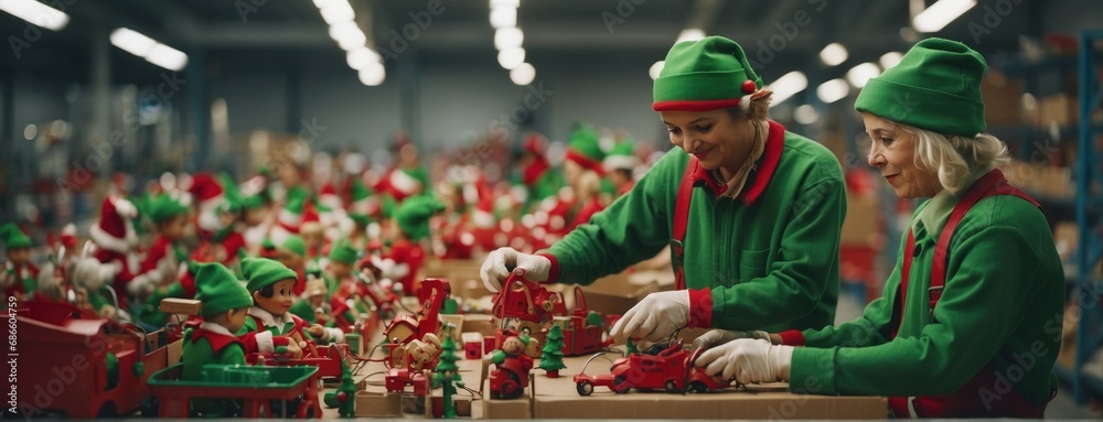 Santa Claus's workshop with elves working as if it were a factory, on toys and decorations. It is a charming and detailed representation of the magic of Christmas. Bokeh blur and Christmas spirit. - obrazy, fototapety, plakaty 