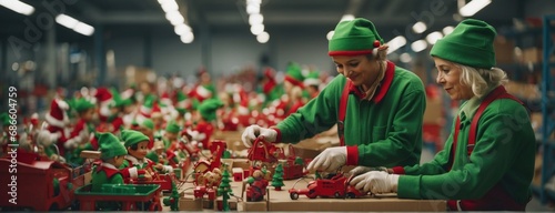 Santa Claus's workshop with elves working as if it were a factory, on toys and decorations. It is a charming and detailed representation of the magic of Christmas. Bokeh blur and Christmas spirit.