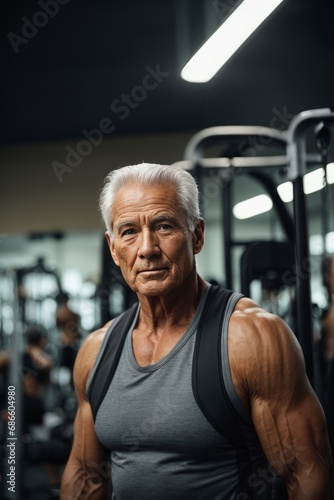 A close-up portrait of a handsome muscular athletic build of a gray-haired senior man in a sports gym. Senior retired people, active lifestyle, fitness, health concepts.