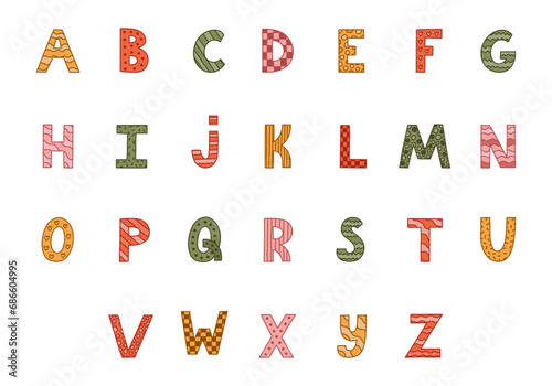 Cute funky alphabet set with outline and memphis decoration. Patterned bold font. Funny latin ABC with uppercase letters for book cover, headline, greeting card. Typography for retro design and logo.