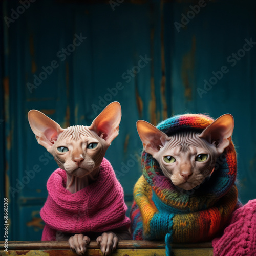Two cute Sphynx cats in cute knitted fashionable outfits and hats
