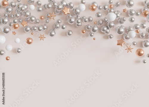 A Christmas background with space for text, displaying an array of silver, white, and gold baubles and stars, artfully arranged on a soft beige background for a festive composition. Copy space. 3D.