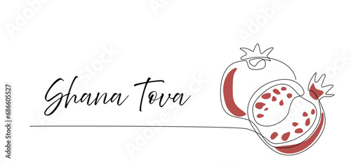 Pomegranate fruit in continuous single line style. Happy Shana Tova one line drawing. Editable stroke line art. Fruit contour with color shapes. Abstract minimalistic style. Design vector element