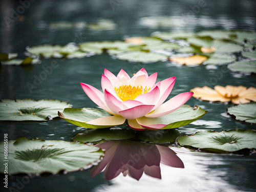 A single lotus flower placed against a serene water background
