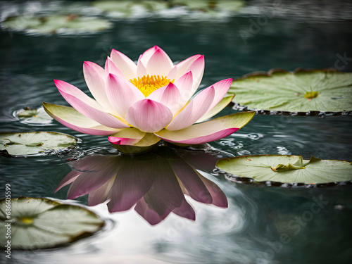 A single lotus flower placed against a serene water background