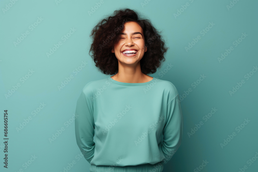 Laughing woman inviting with open arms Laughing woman inviting with open arms