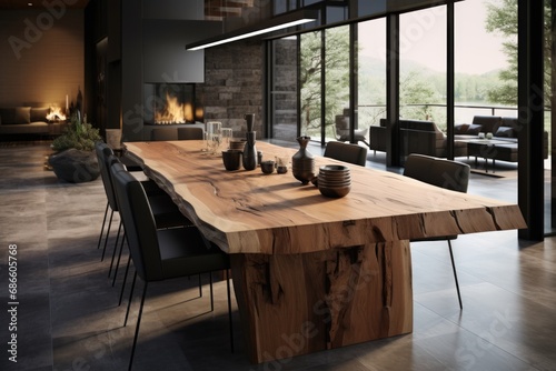 Massive wooden dining table in a modern living room photo