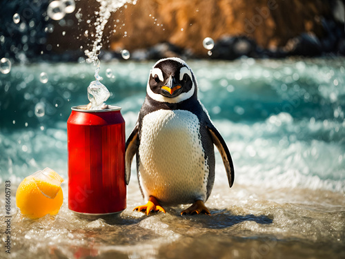 A penguin standing beside a soda can