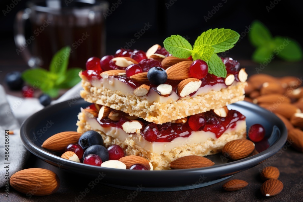 Homemade oatmeal bars with berries and nuts