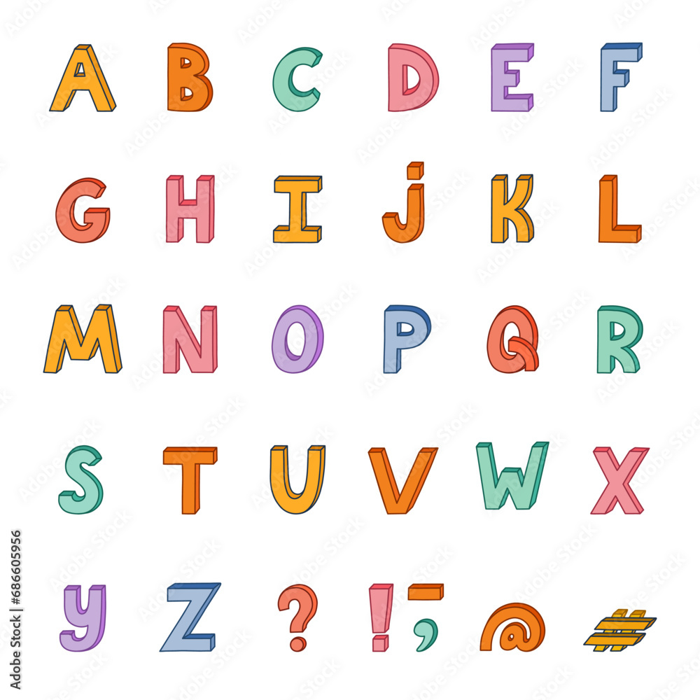 Cute funky 3d alphabet set with outline. Bold font with shadow. Funny latin ABC with uppercase letters, punctuation marks for cover, logo, festival headline. Typography for retro design and logo.