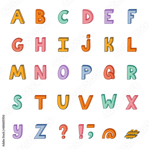 Cute funky 3d alphabet set with outline. Bold font with shadow. Funny latin ABC with uppercase letters, punctuation marks for cover, logo, festival headline. Typography for retro design and logo.