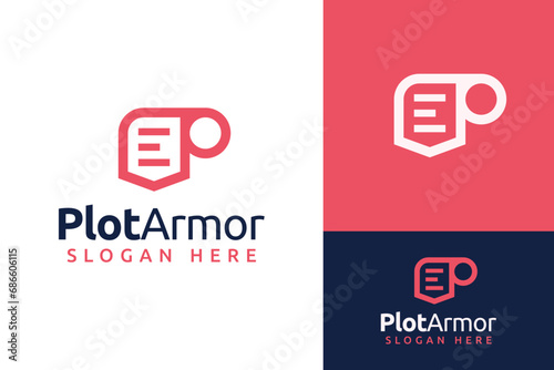 Simple Film Movie Cinema Script with Guard Shield for Plot Armor Logo Design Branding Template