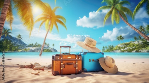 Banner with suitcases on the background of palm trees and the sea, ready for summer holidays