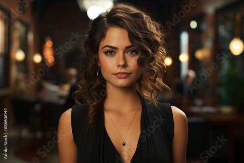 Portrait of a young happy woman in an evening dress against the background of bokeh lights