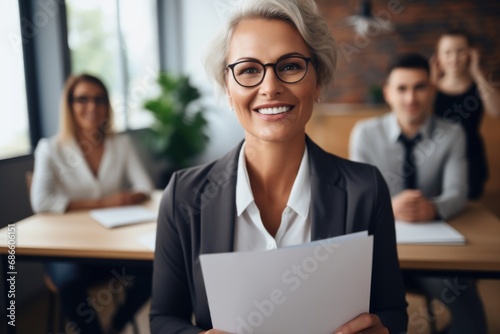 A smiling mature businesswoman with glasses from the HR department holds a resume at a job interview