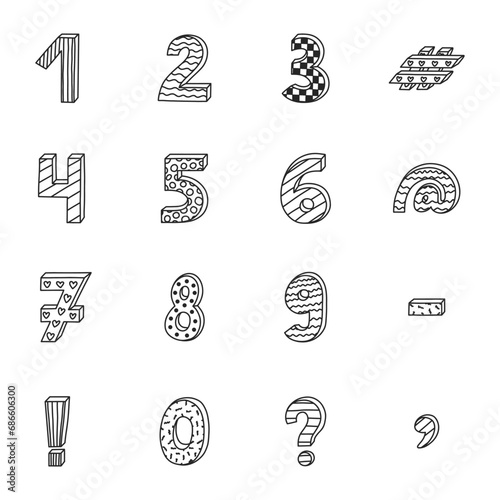 Doodle funky 3d number set with hand drawn outline and memphis decoration. Patterned bold symbols with shadow. Funny numbers and punctuation marks for cover, logotype, design template, poster photo
