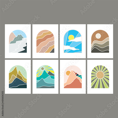 Set of Minimalist wall art. Nature prints for boho aesthetic interior. Home decor wall prints, terracotta colors. Sun, rainbow, and clay pots. Contemporary artistic printable vector
