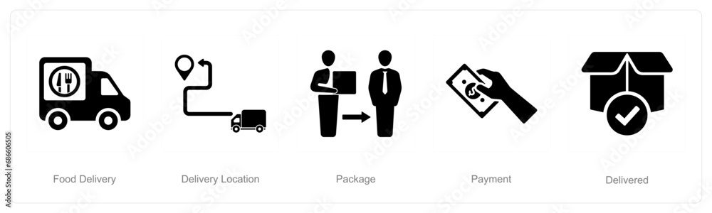 A set of 5 delivery icons as food delivery, delivery location, package