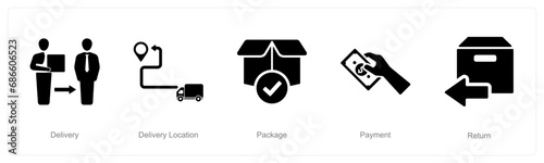 A set of 5 delivery icons as delivery, delivery location, package